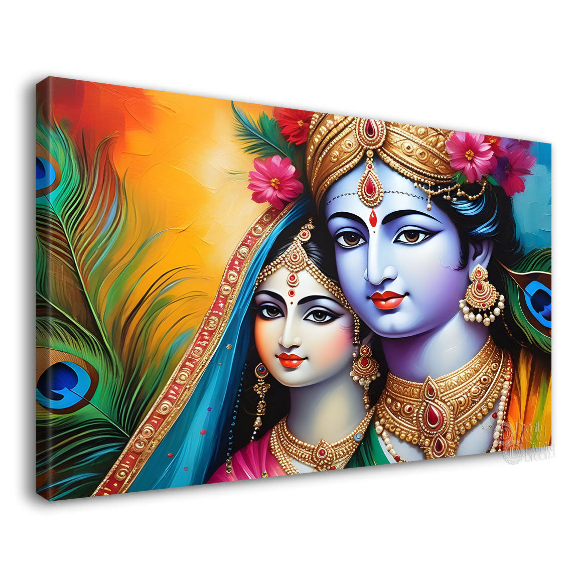 Blue face of Krishna and Radha with yellow and peacock feather background painting Canvas Painting - Design - Krishna-129