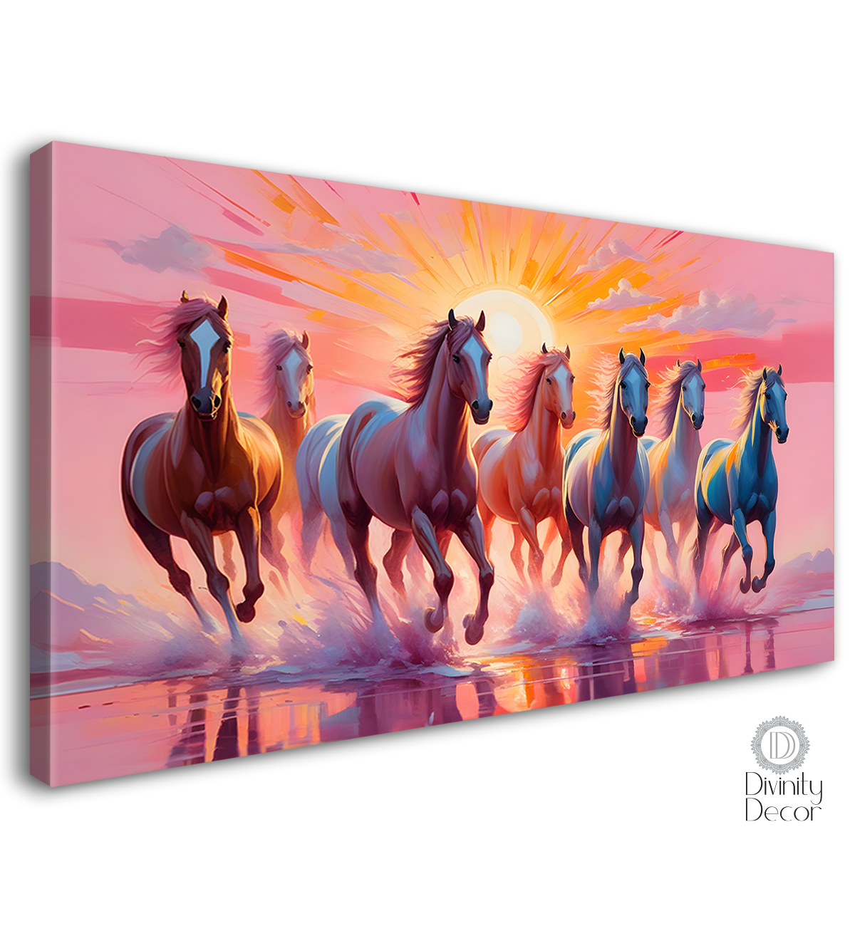 Running horses on the water with sunrise and pink textured background art Canvas Painting - Design - Horse-129