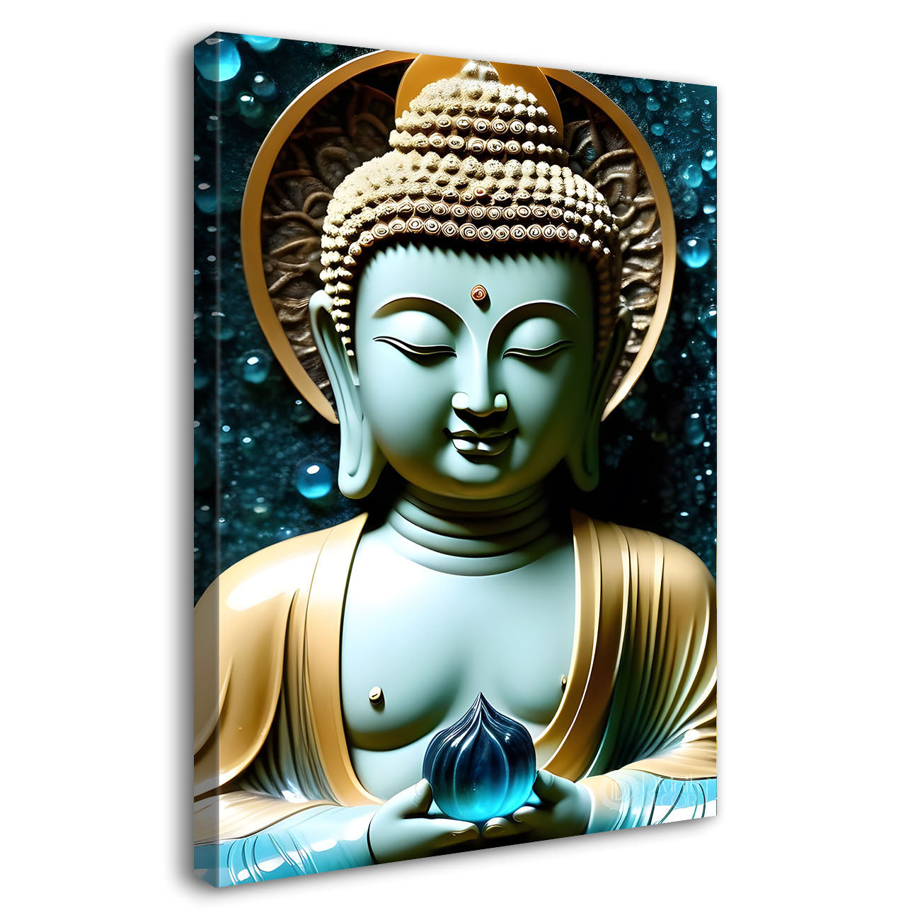 Sky blue buddha with golden chakra background - Buddha-V-129