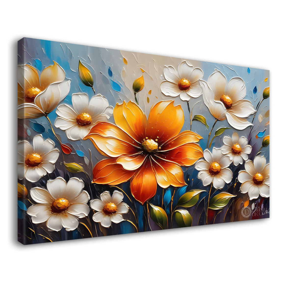 White flowers with blue textured background painting- Design - Flower-129