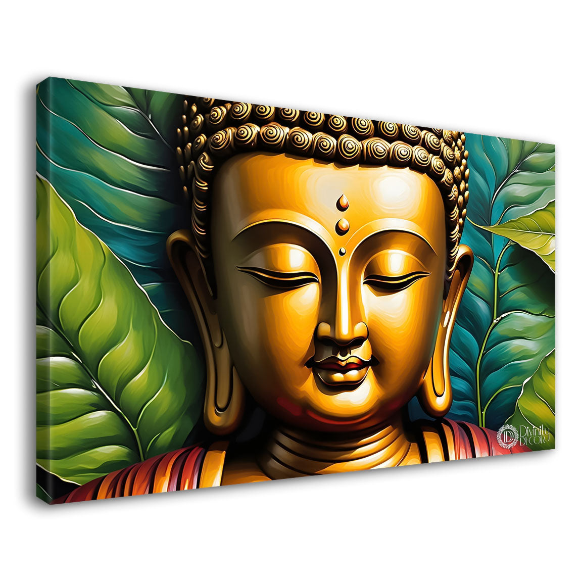 Golden buddha with leaves background textured painting Canvas Wall Painting - Buddha-129