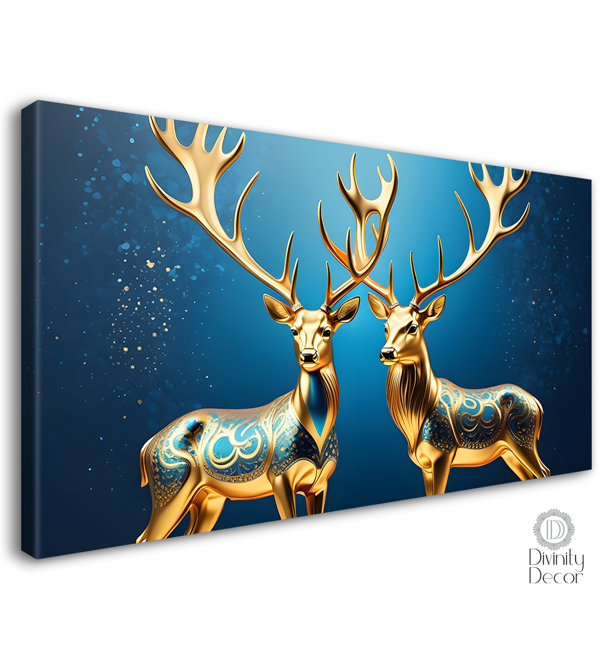 Two golden deer with dark blue background textured art.- Design - Animal -129
