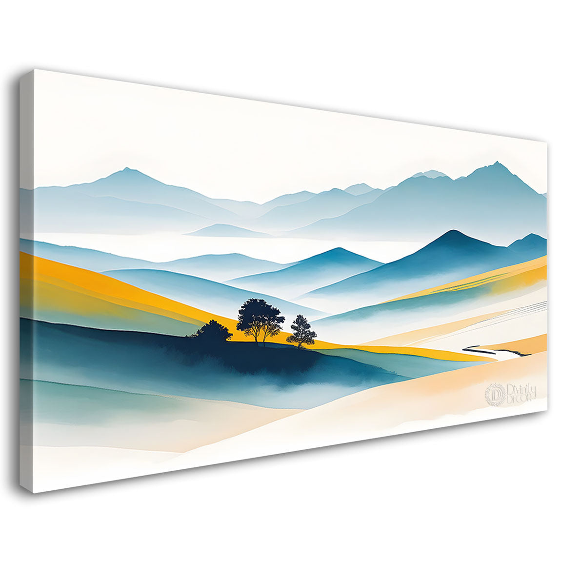 Mountains with trees in textured water color painting Canvas Painting - Nature Art -129