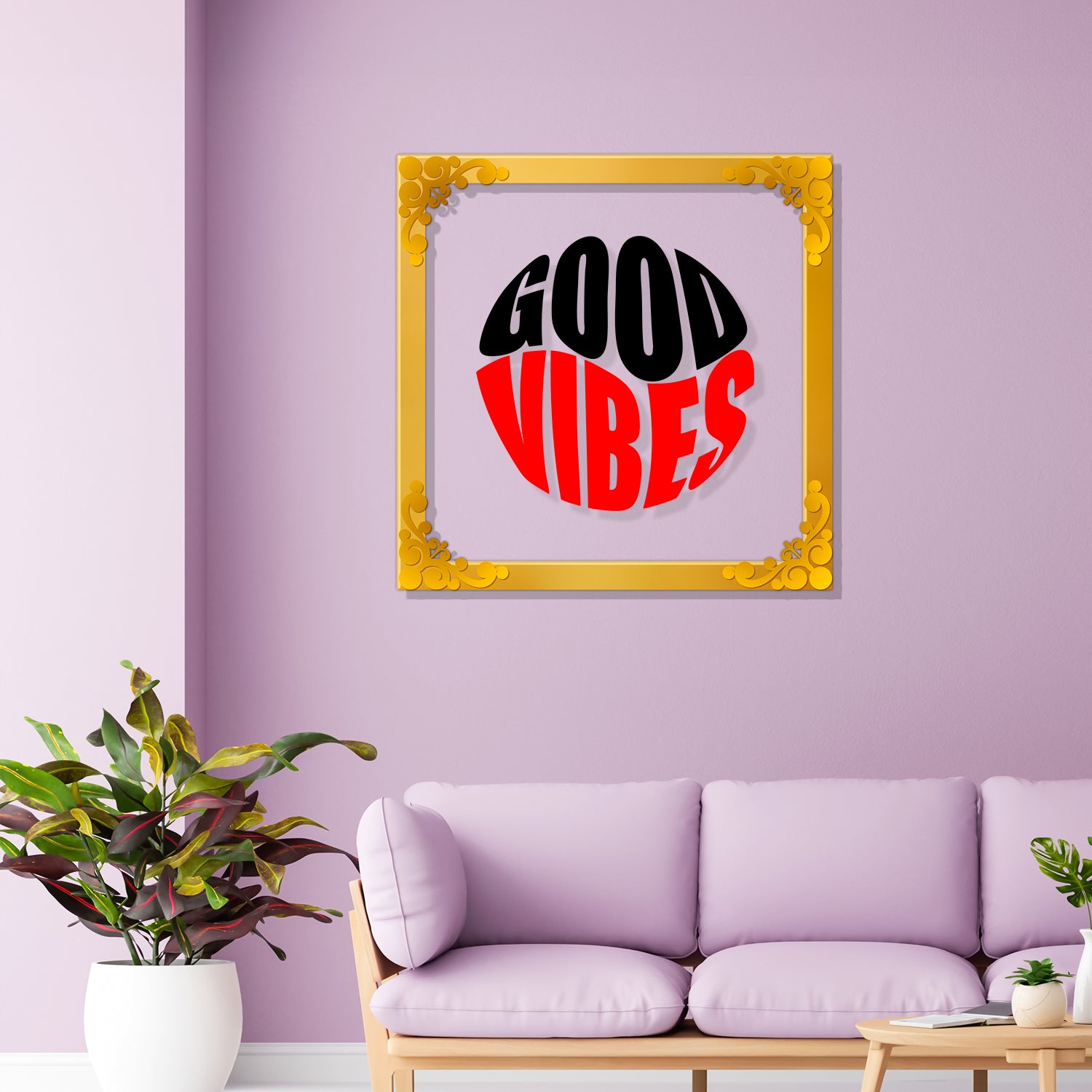 Good vibes Golden Plaque for Gifting, Wall Decor Clear UV print with Golden Border-12