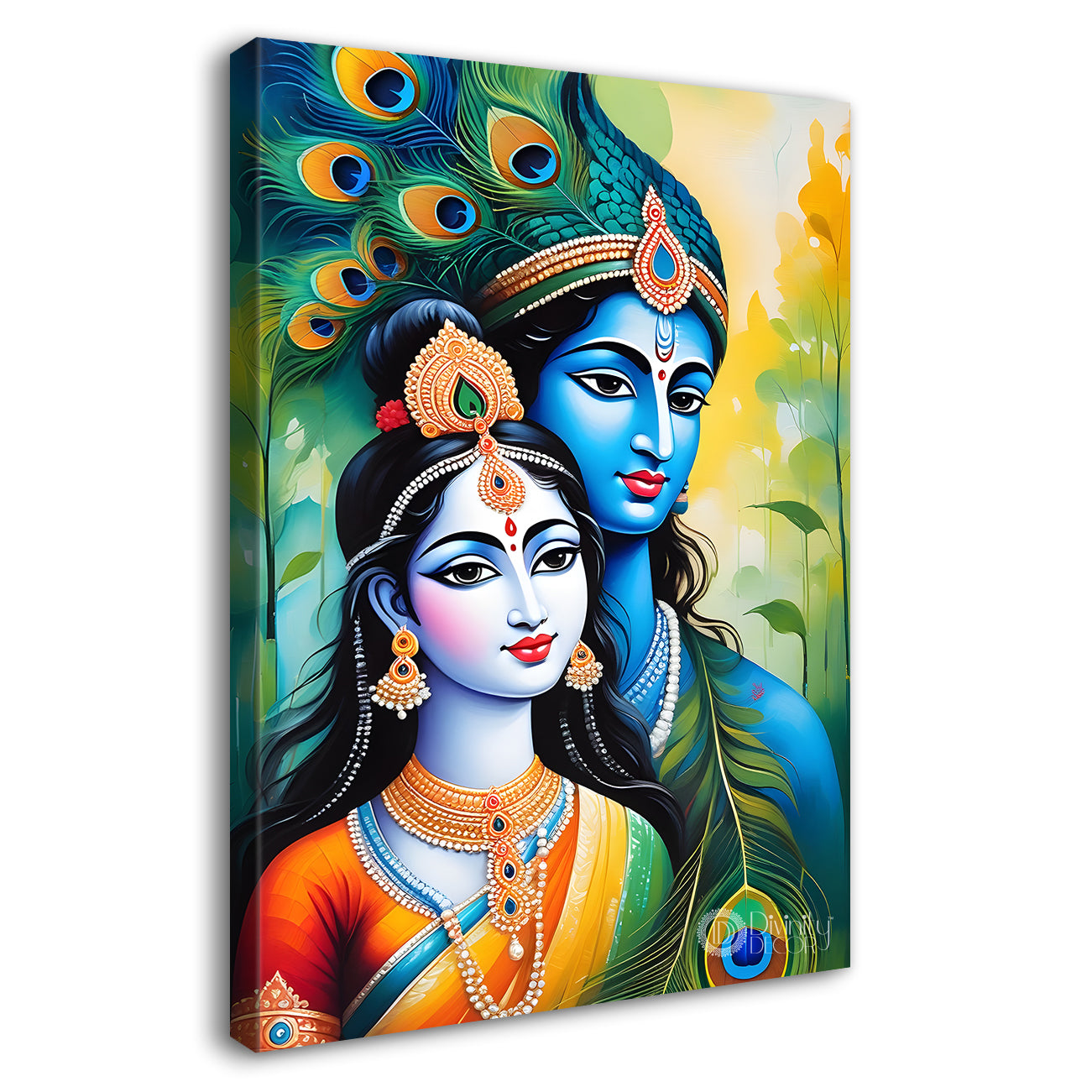 Blue face of krishna with radha in peacock feathers background textured art Canvas Painting - Design - Krishna-V-12