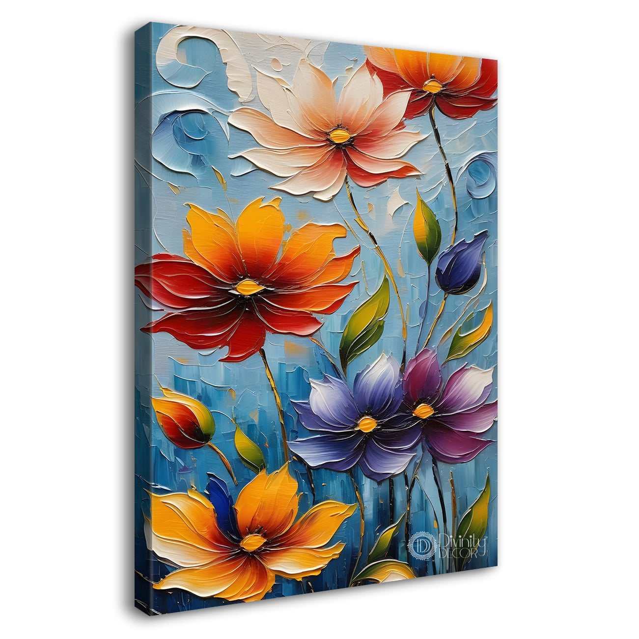 Colourful flowers in blue textured background painting - Flower-V-12