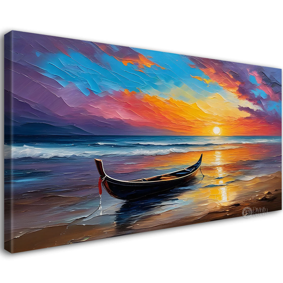 Boat in sea with sunset background textured modern art canvas painting - Design - River-12