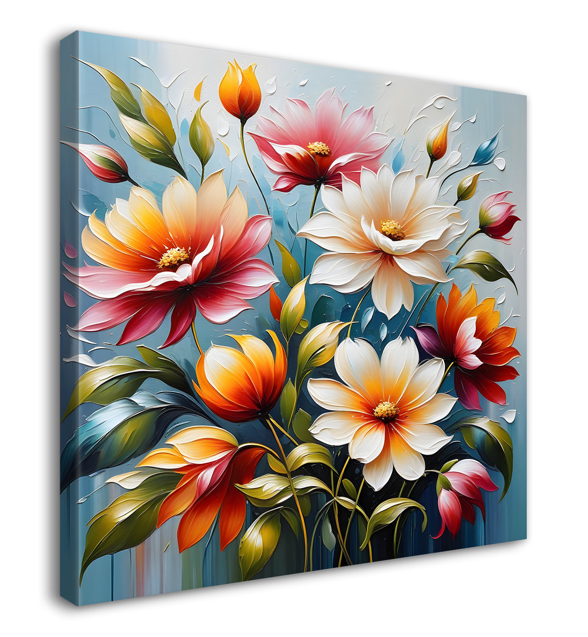 Colourful flowers in blue background textured painting - Flower-S-12