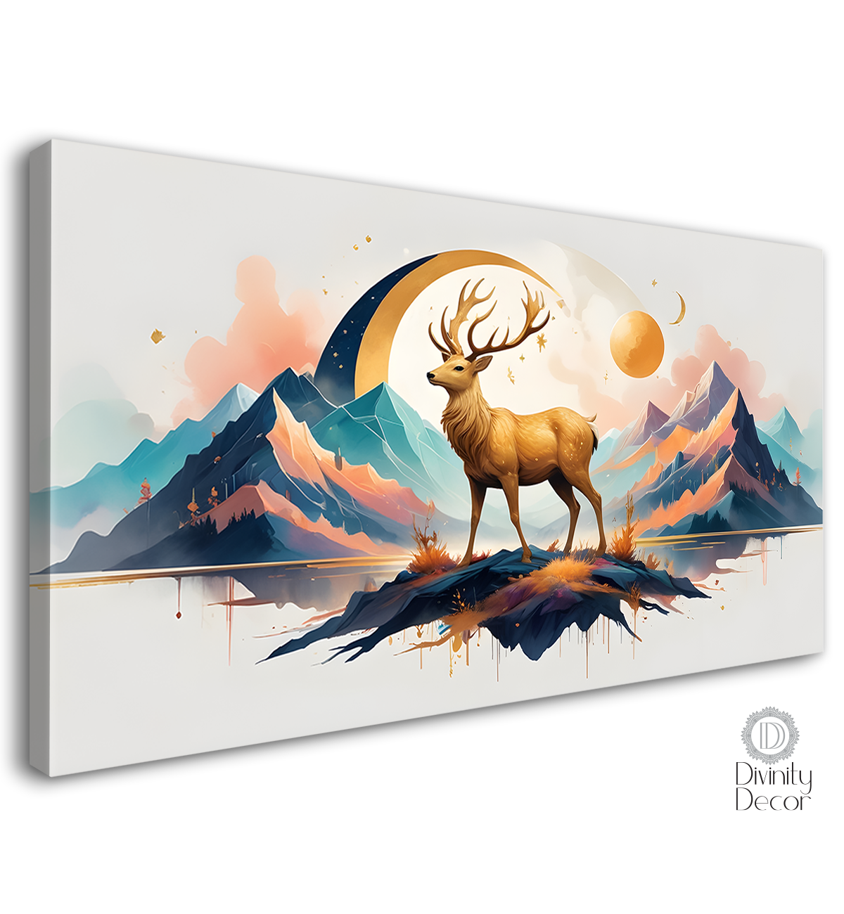Golden Moose with mountains and moon in textured art.- Design - Animal -12