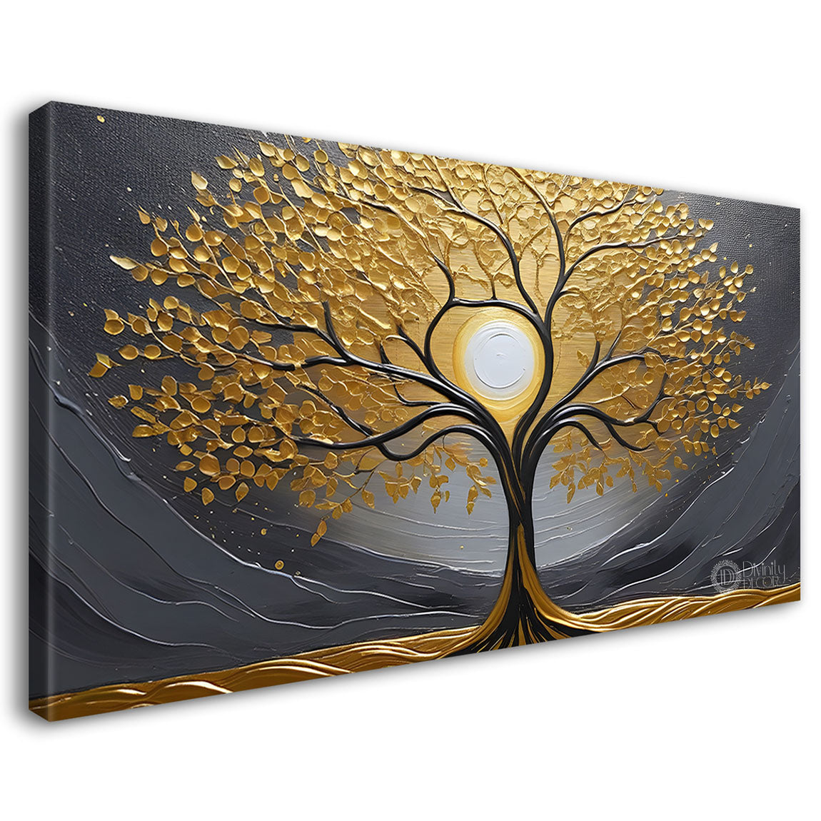 Golden leaf tree with sun in behind textured modern art Canvas Painting - Design - Tree-12