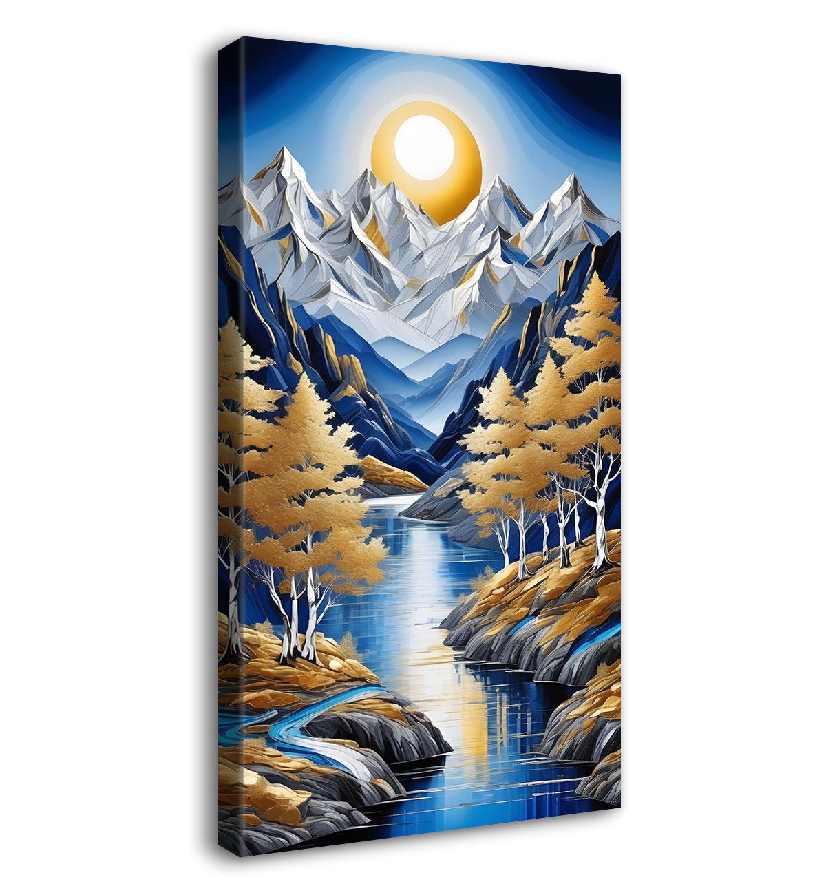 Blue mountains with golden trees and white moon textured natural art Canvas Painting - Nature Art -V-12
