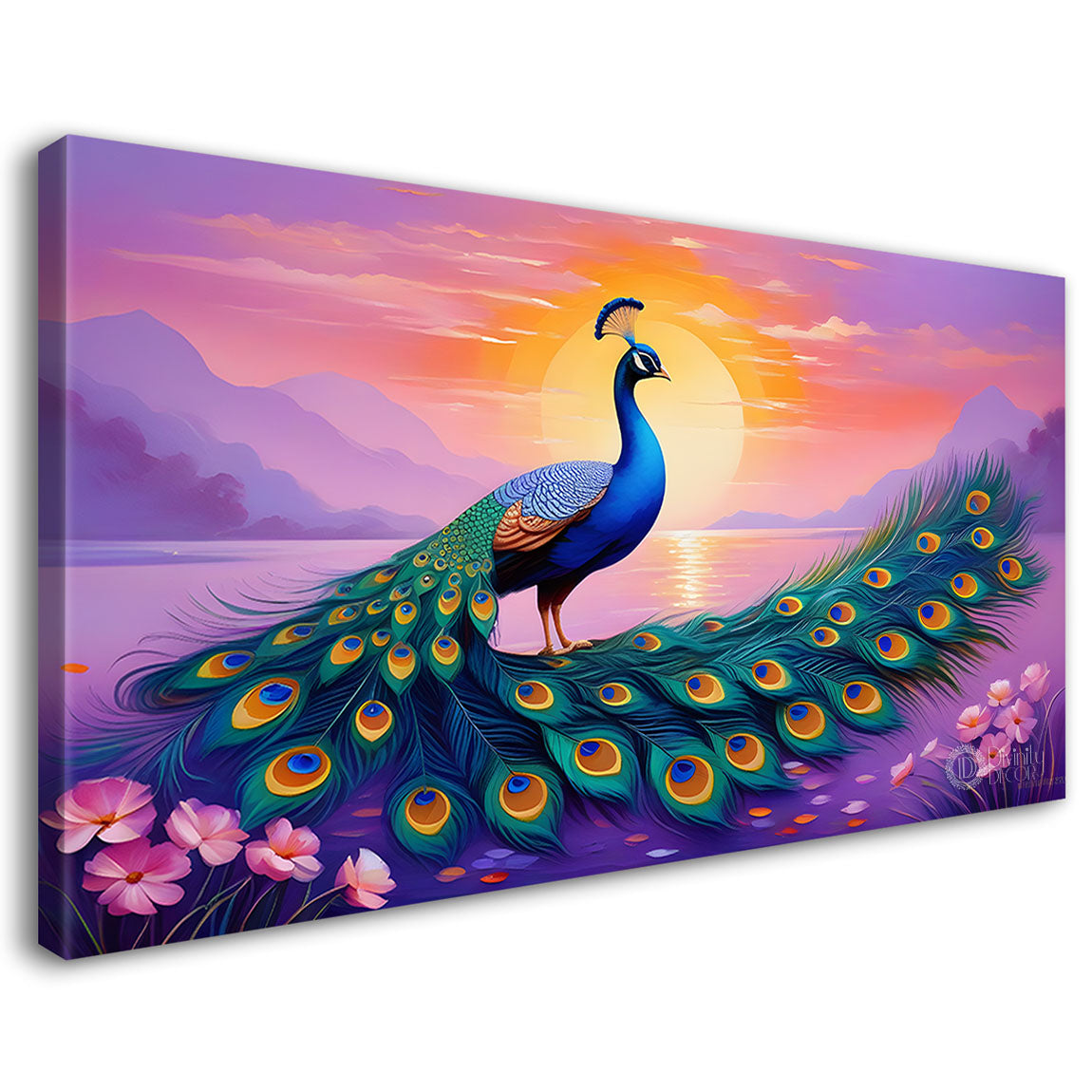 Peacock with purple mountains and flower background Canvas Painting - Design - Peacock-13