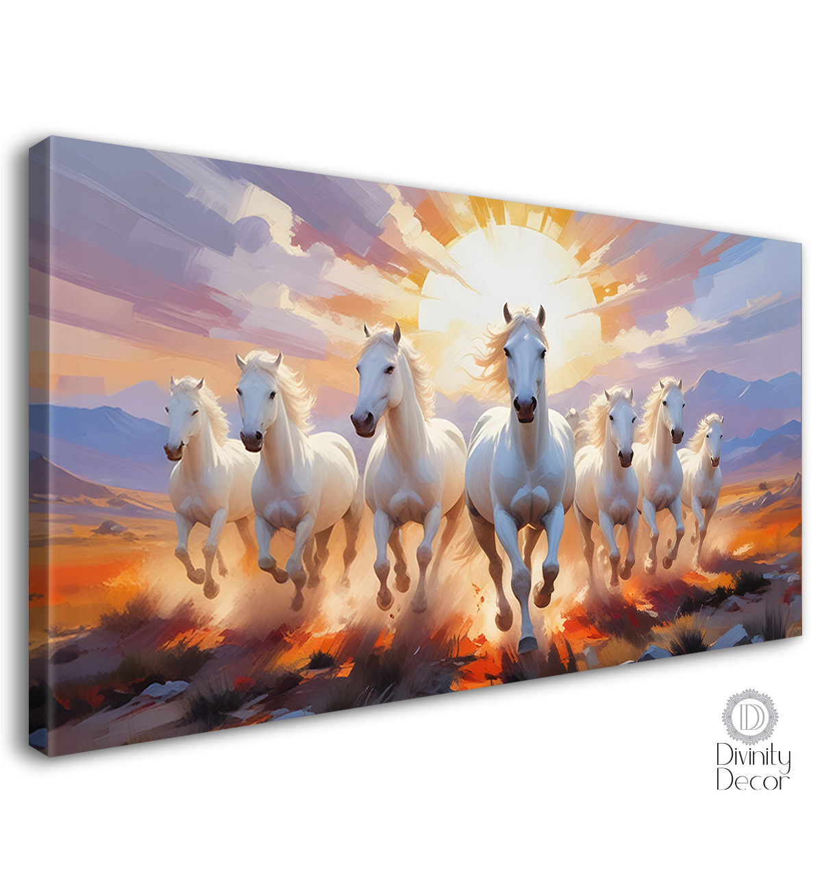 White running horses with mountains and sunrise textured background art Canvas Painting - Design - Horse-13