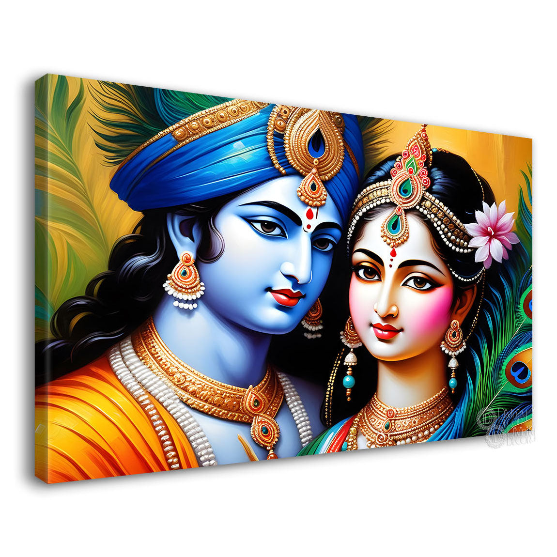 Blue face of Krishna and Radha with yellow background painting Canvas Painting - Design - Krishna-130