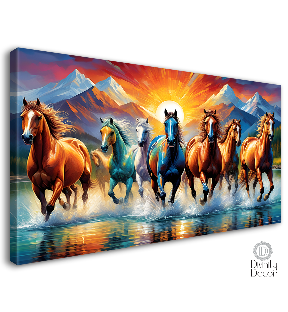 White and brown horses running on the water with mountains and sunrise textured background art Canvas Painting - Design - Horse-130