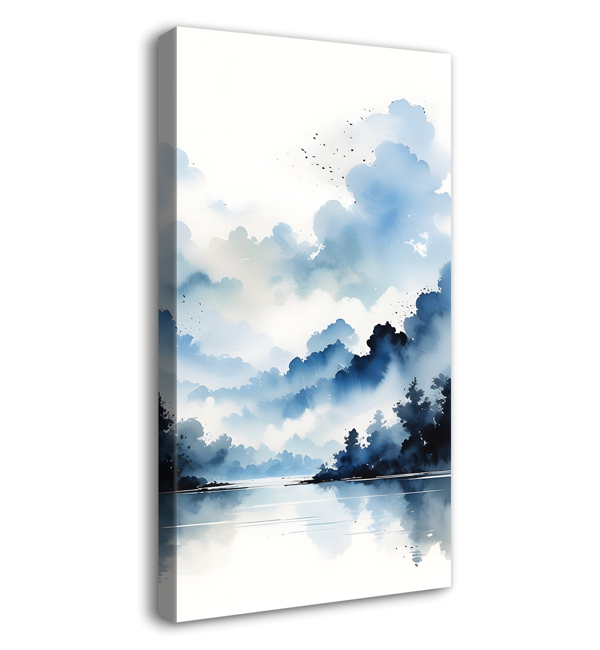 Mountains with river and trees in grey textured water colour painting Canvas Painting - Nature Art -V-130