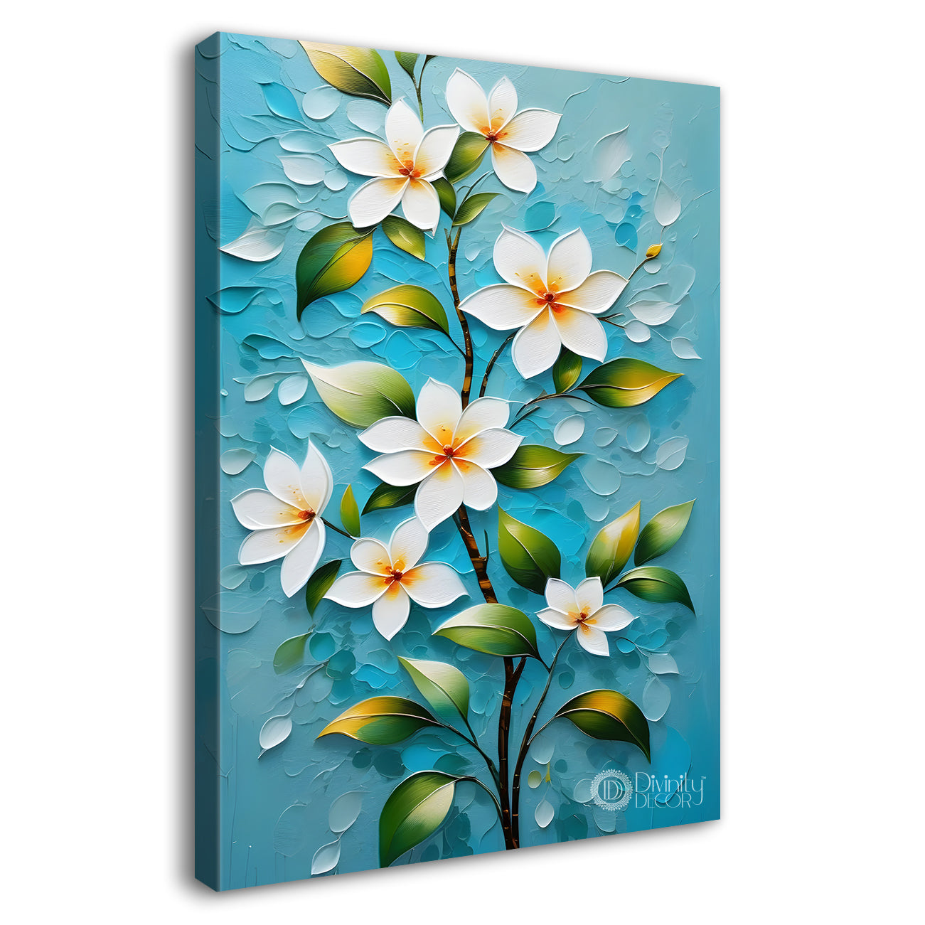 White flowers in sky blue textured background painting- Flower-V-130