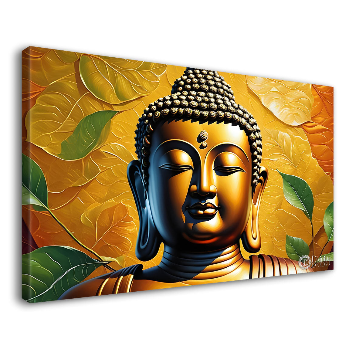 Golden buddha with leaves background textured painting Canvas Wall Painting - Buddha-130