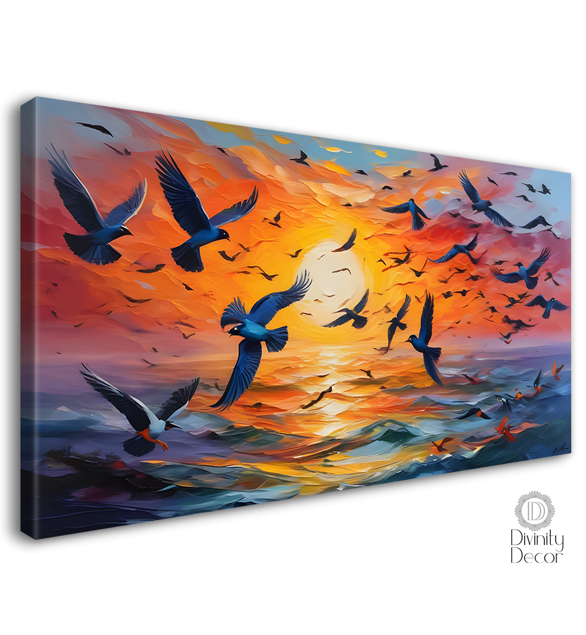 Birds flying in the sky with sunrise background textured art. - Design - Animal - 130