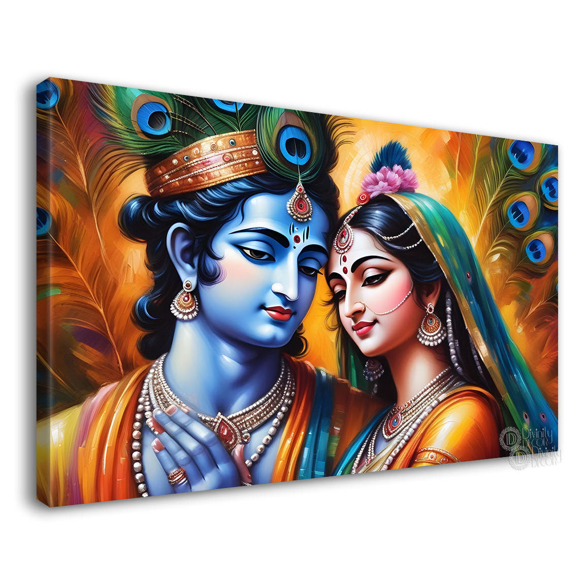Blue face of Krishna and Radha with yellow and peacock feather background painting Canvas Painting - Design - Krishna-131