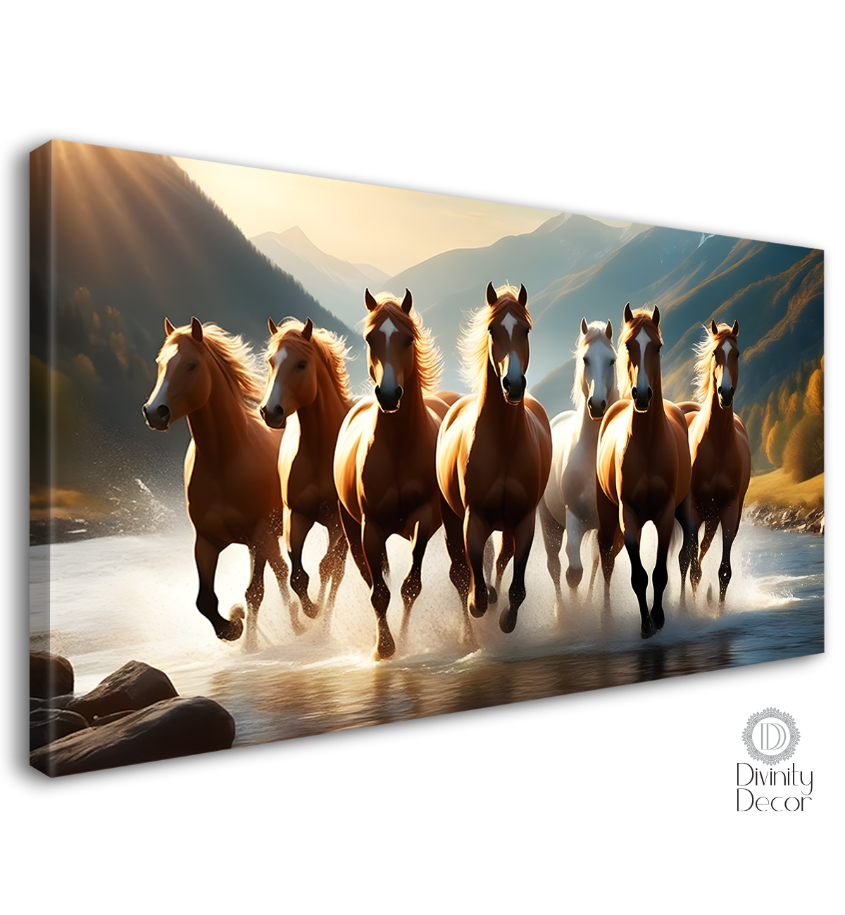 Brown horses running on the water with mountains and yellow textured background art Canvas Painting - Design - Horse-131