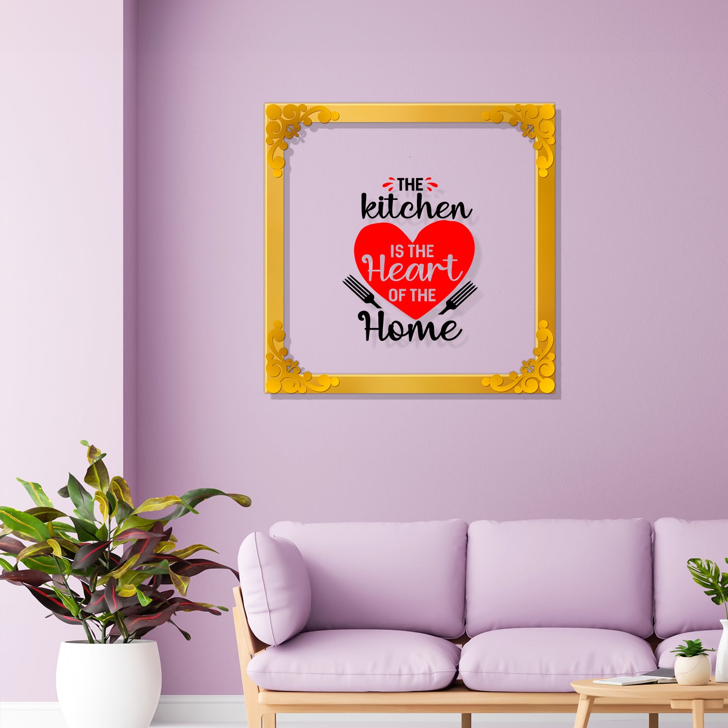 The kitchen is heart of the home Golden Plaque for Gifting, Wall Decor Clear UV print with Golden Border-131