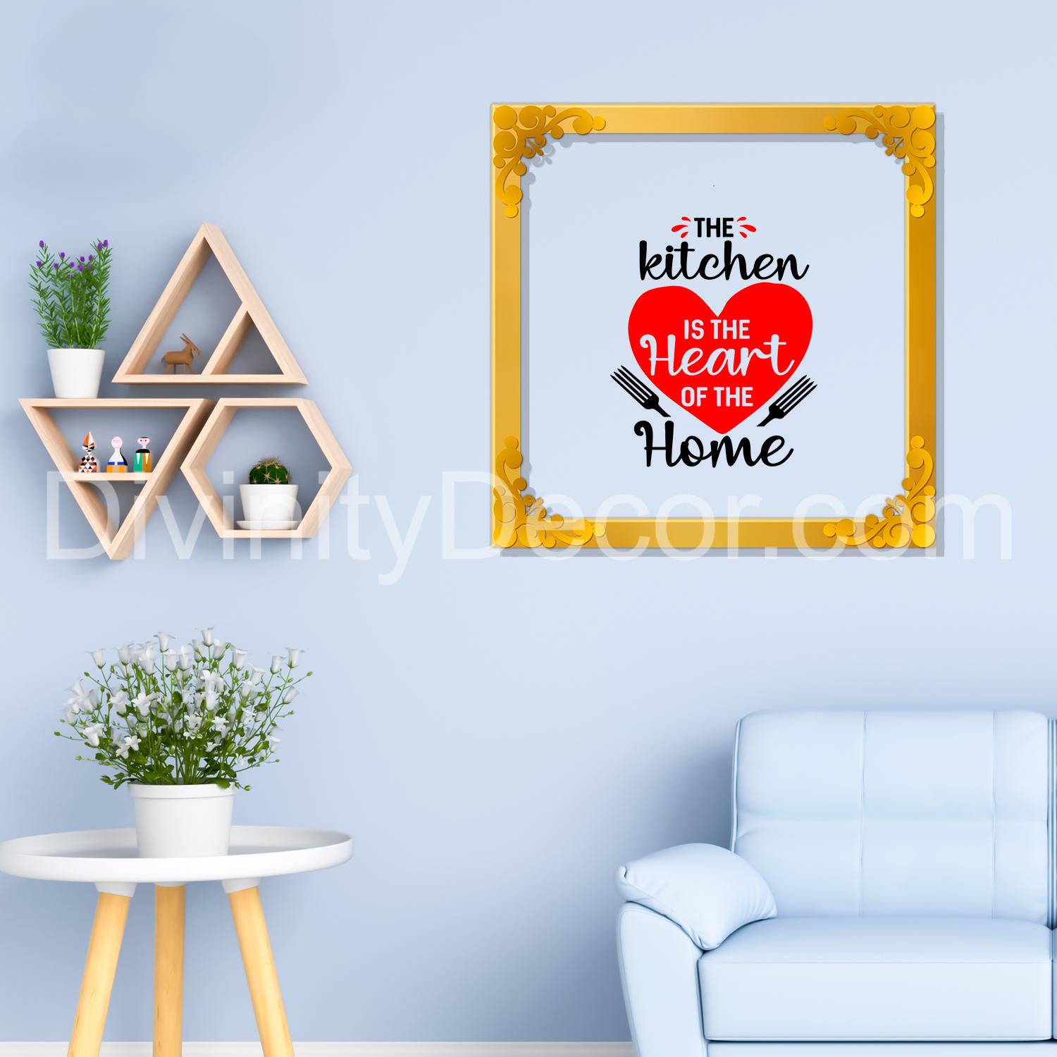 The kitchen is heart of the home Golden Plaque for Gifting, Wall Decor Clear UV print with Golden Border-131