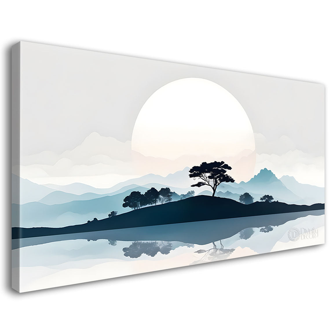 Mountains with trees and river in sunset in textured water color painting Canvas Painting - Nature Art -131