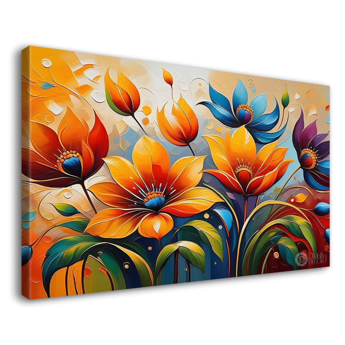 Orange flowers with blue textured background painting- Design - Flower-131
