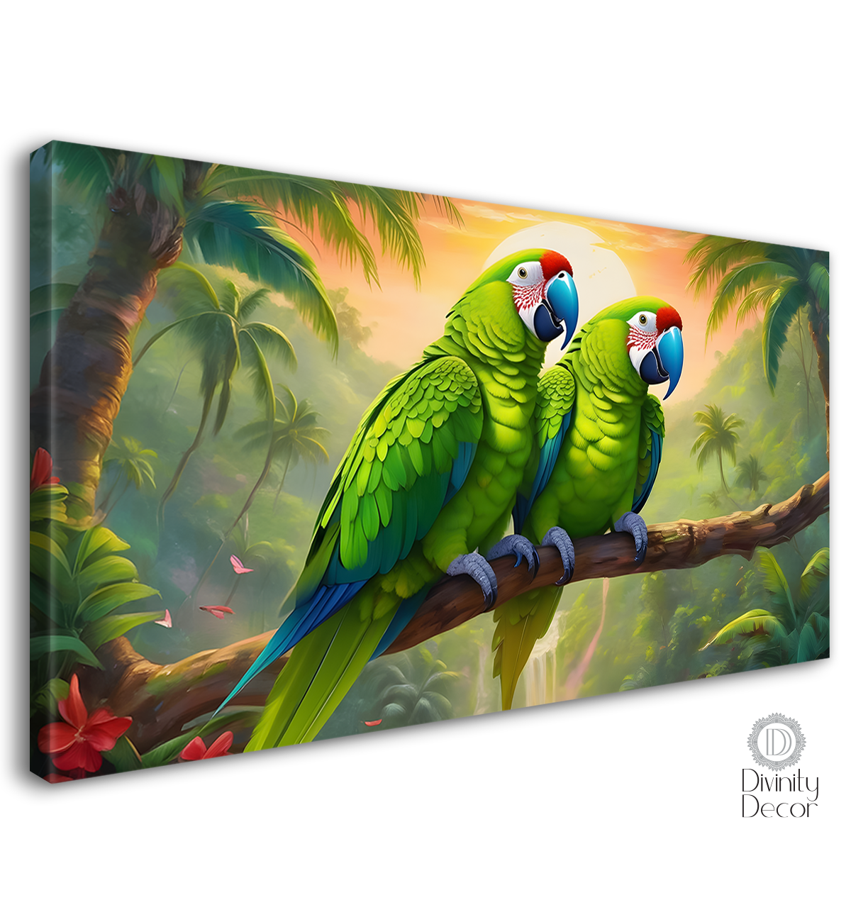 Two green parrots on the branch in textured art - Design - Animal - 131