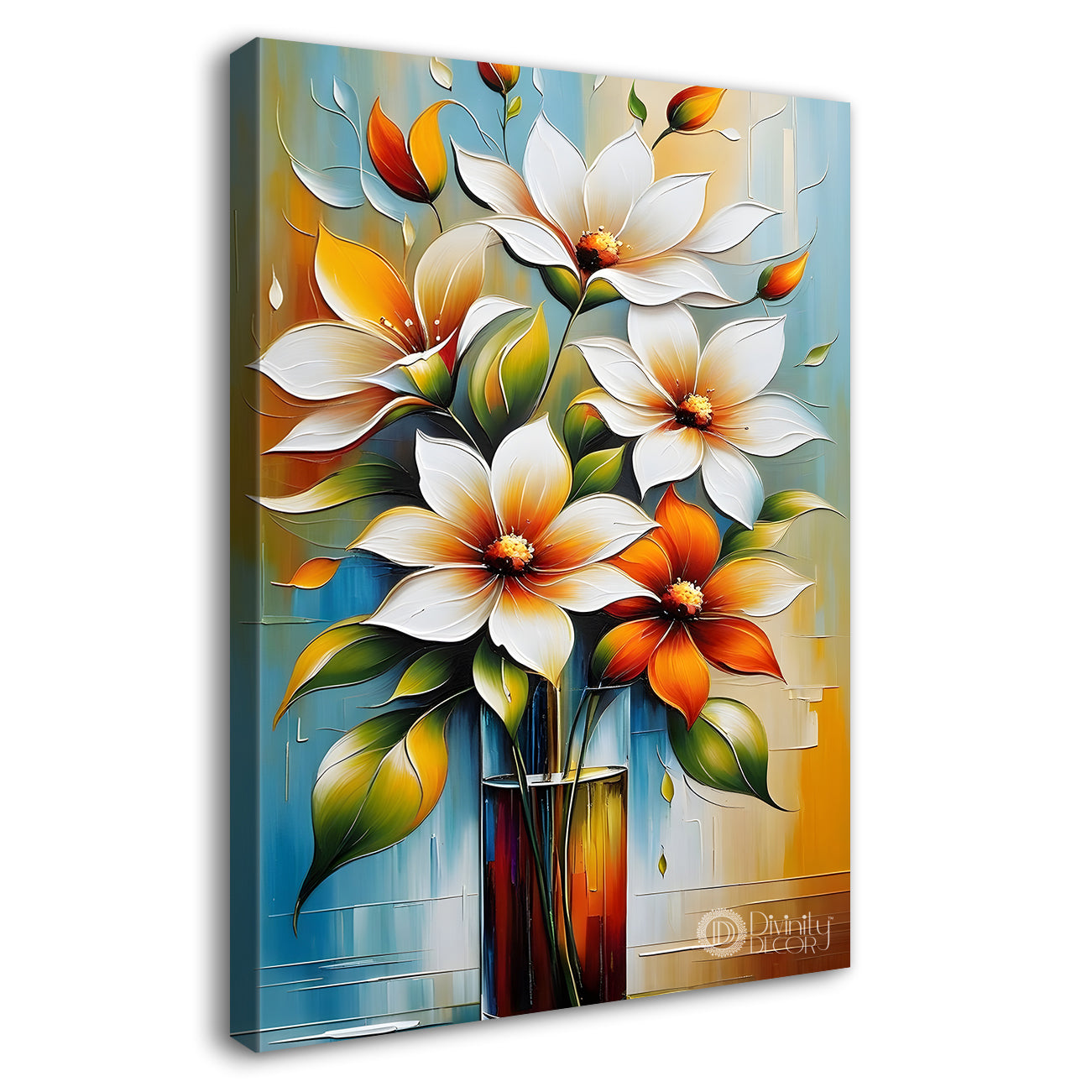 White and orange flower in colourful textured painting- Flower-V-131