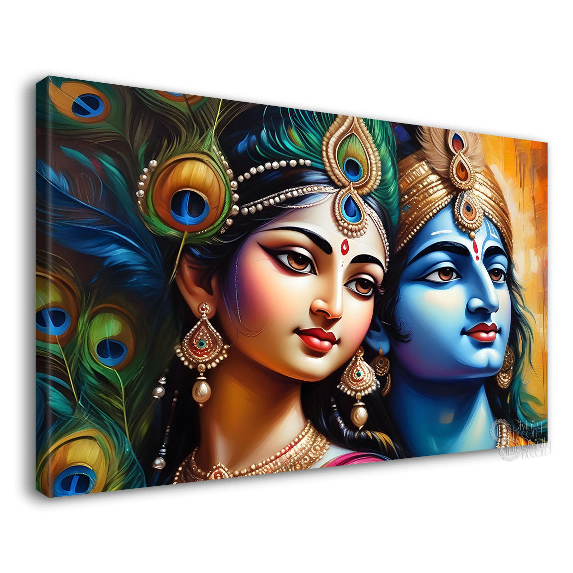 Blue face of Krishna and Radha with yellow and peacock feather background painting Canvas Painting - Design - Krishna-132