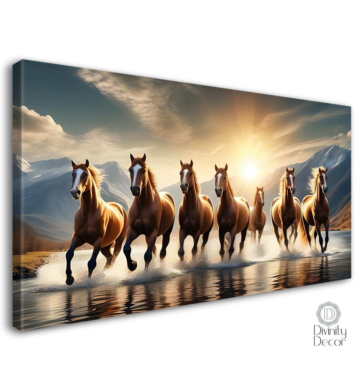 Brown horses running on the water with mountains and yellow textured background art Canvas Painting - Design - Horse-132