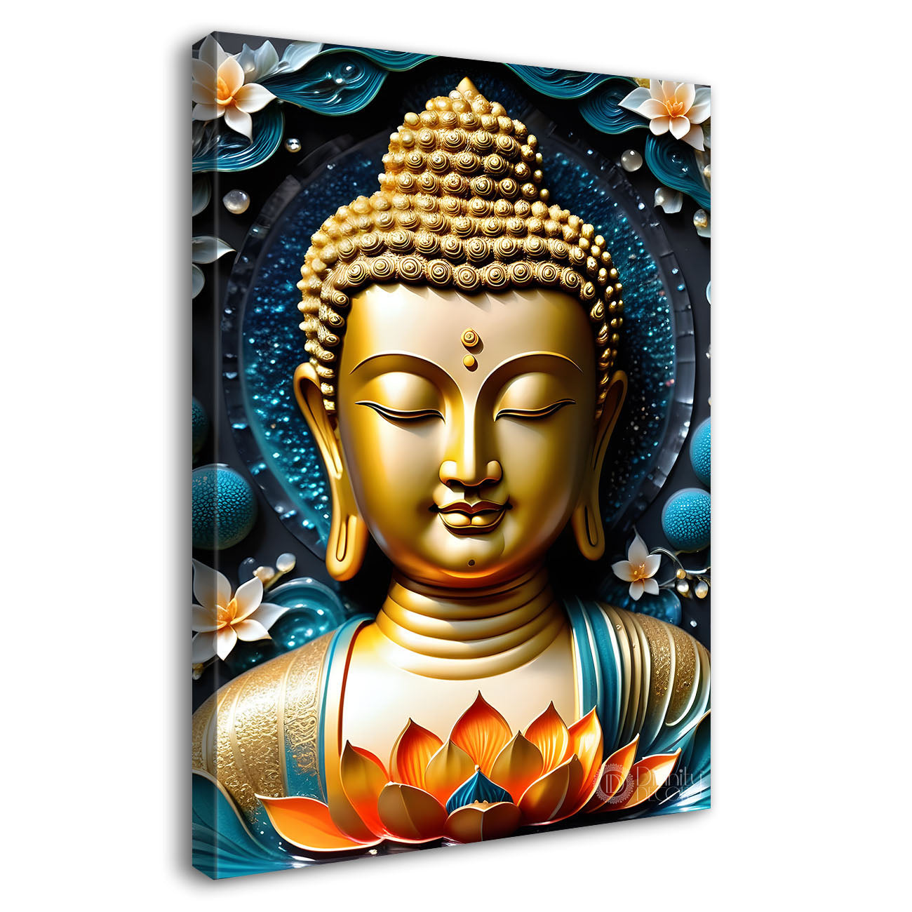 Golden buddha with flower and blue background  - Buddha-V-132