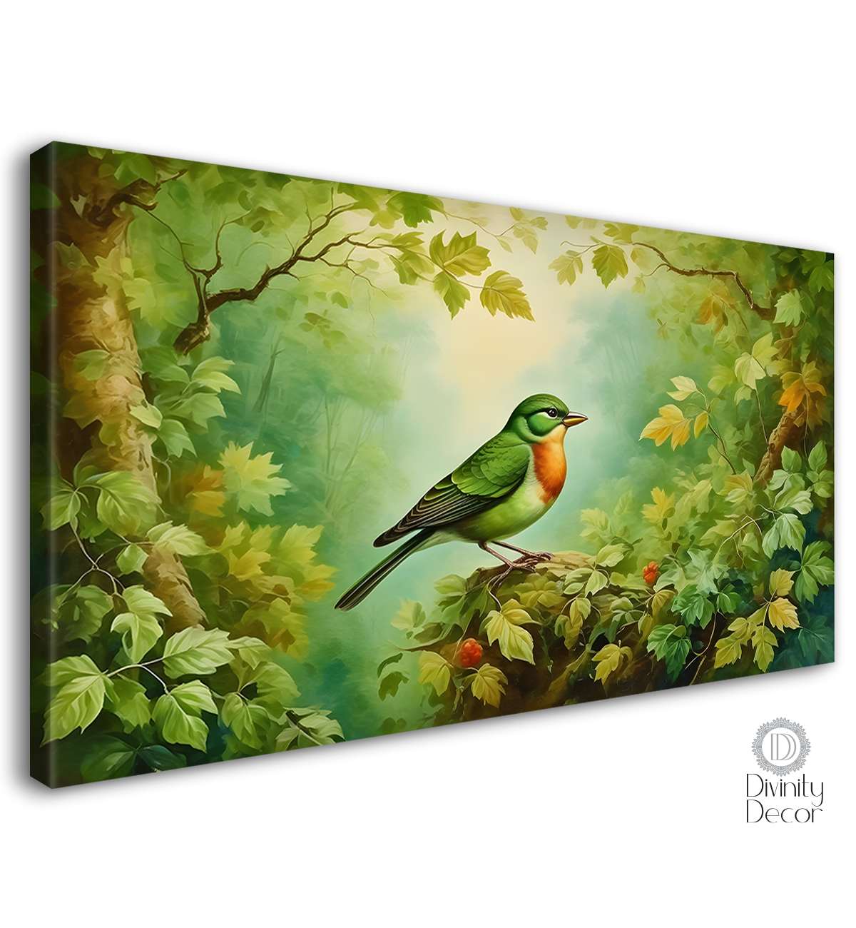 Green bird with trees and green background textured art. - Design - Animal - 132