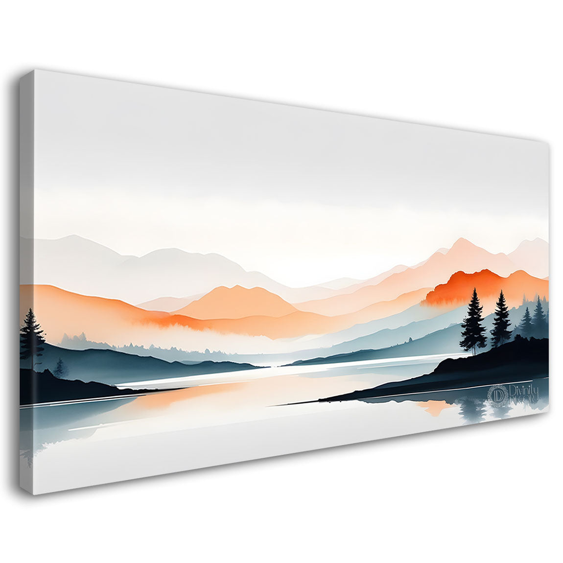 Mountains with trees and river in sunset in textured water color painting Canvas Painting - Nature Art -132