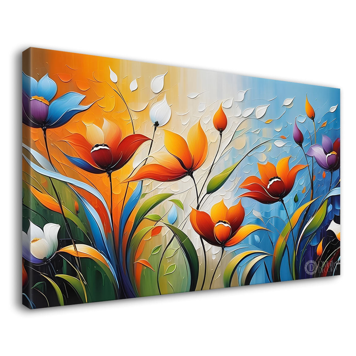 Orange flowers with blue textured background painting- Design - Flower-132