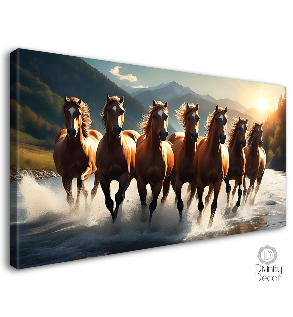 Brown horses running on the water with mountains and yellow textured background art Canvas Painting - Design - Horse-133