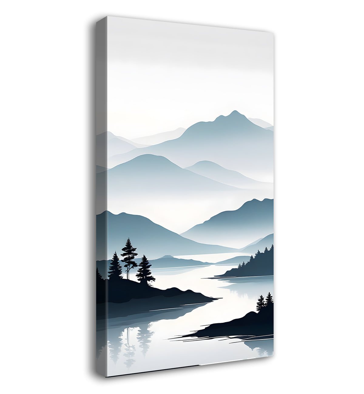 Mountains with river and trees in grey textured water colour painting Canvas Painting - Nature Art -V-133