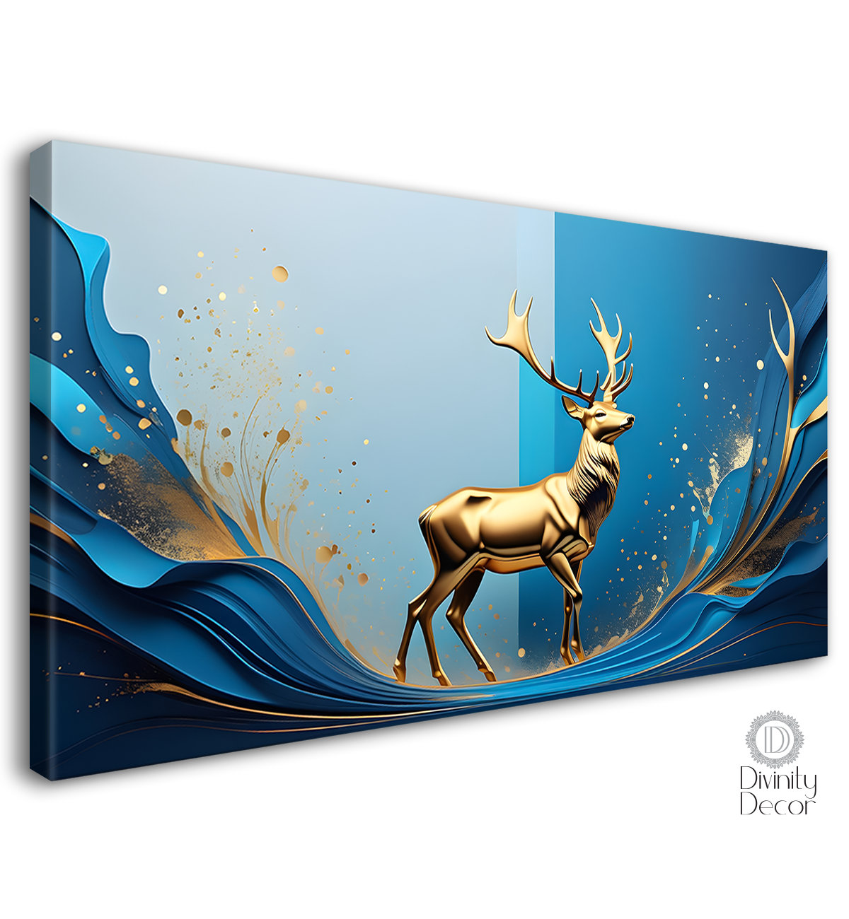 Golden deer with blue background textured art.- Design - Animal -133