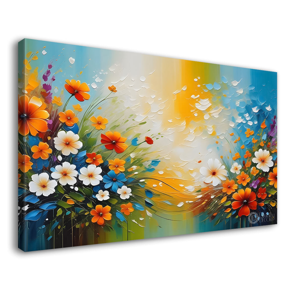 Colorful flowers with blue textured background painting- Design - Flower-133