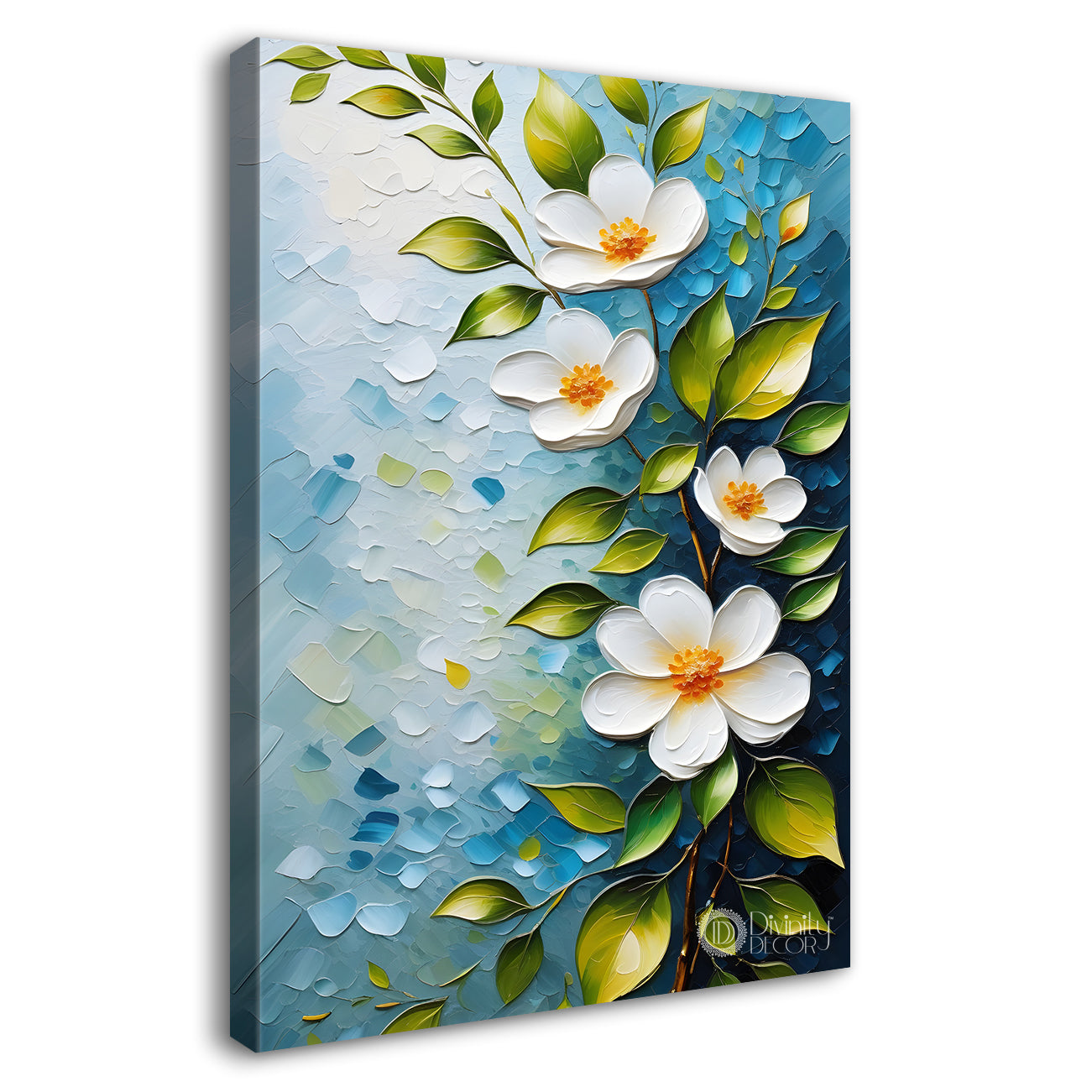 White flowers in sky blue textured background painting- Flower-V-133