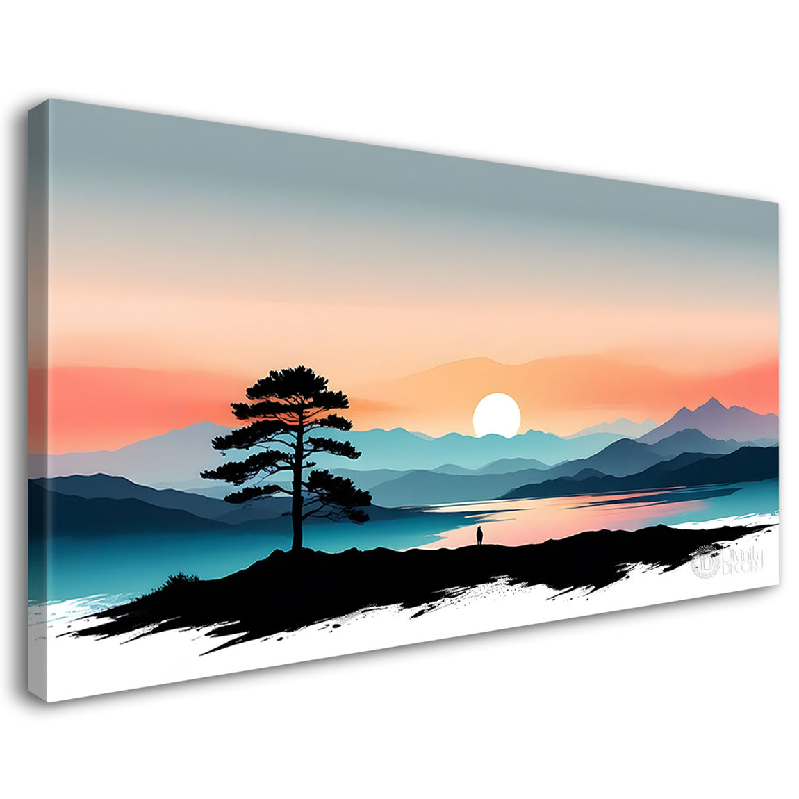 Mountains with trees and river in sunset in textured water color painting Canvas Painting - Nature Art -133