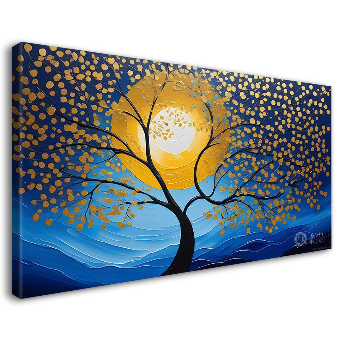 Golden tree in dark blue textured background modern art- Design - Tree-133