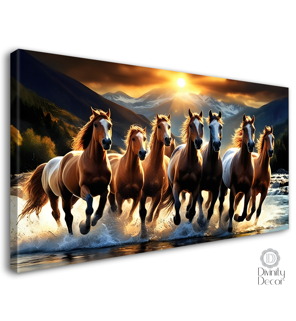 Brown horses running on the water with mountains and sunset textured background art Canvas Painting - Design - Horse-134
