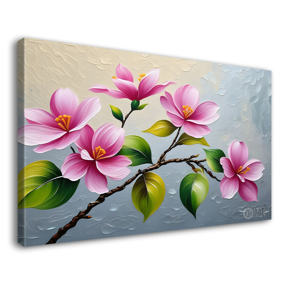 Pink flowers with grey textured background painting- Design - Flower-134