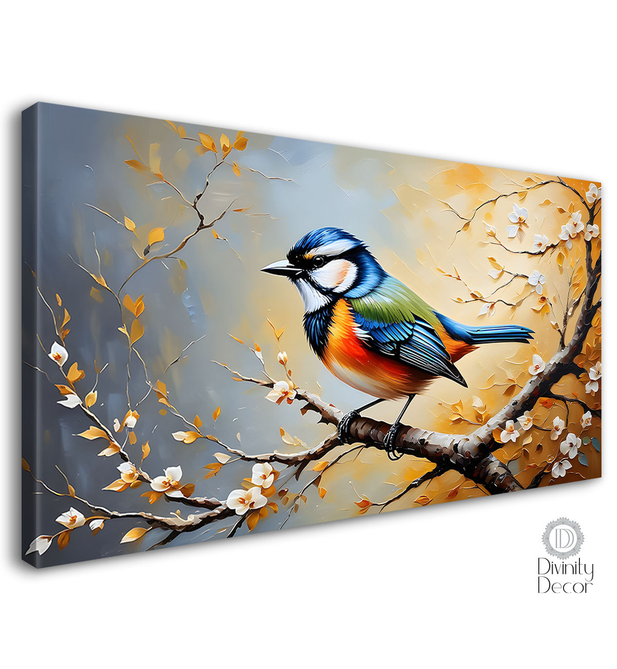 Bird on the branch with green leaves in grey background textured art. - Design - Animal - 134