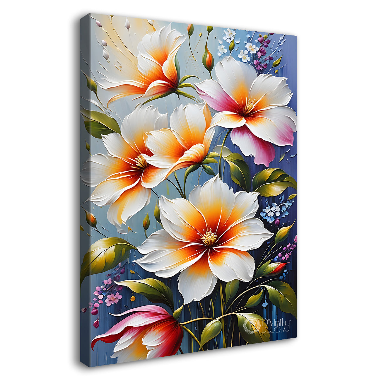 White flowers in grey textured background painting- Flower-V-134