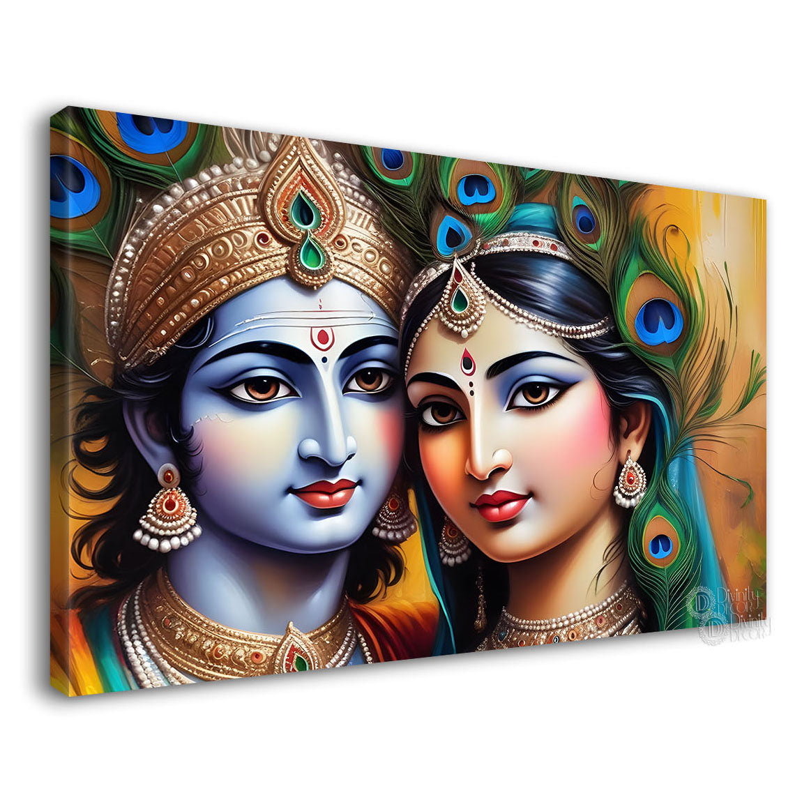 Blue face of Krishna and Radha with yellow and peacock feather background painting Canvas Painting - Design - Krishna-134