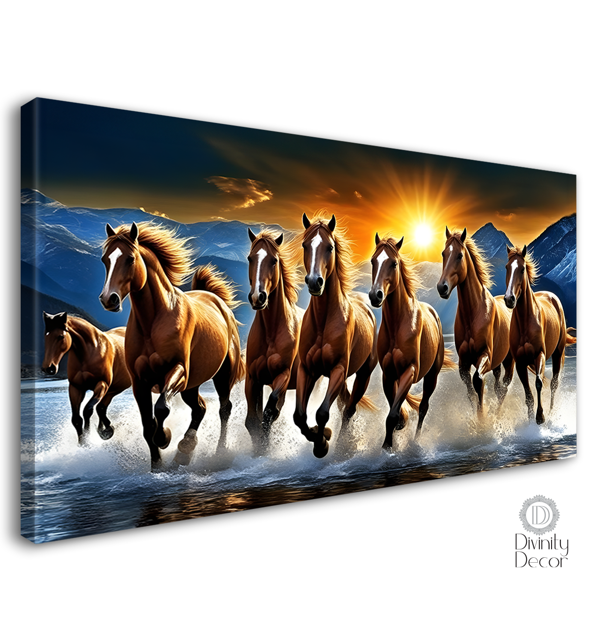Brown horses running on the water with mountains and sunset textured background art Canvas Painting - Design - Horse-135